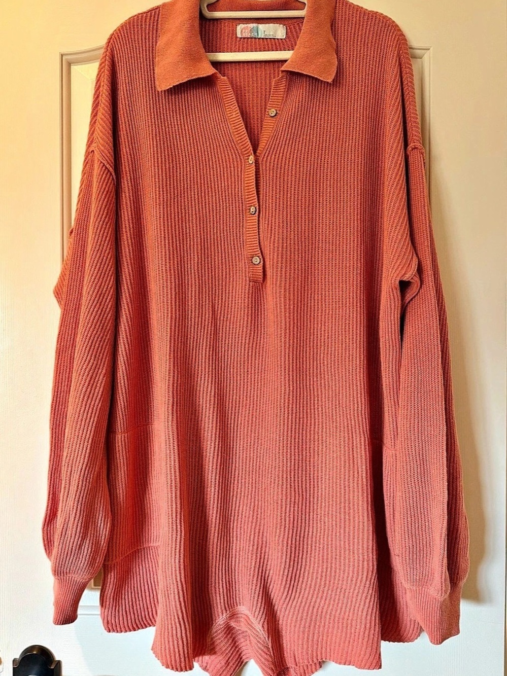 Free People (Beach) Textured Knit Button Front Shorts Romper in Peachy Coral